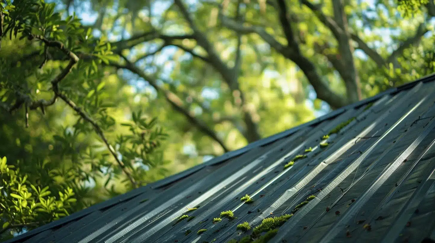 a weathered metal roof glistens under the harsh jacksonville sun, surrounded by vibrant green trees, illustrating the resilience and longevity essential in facing the region's severe weather.